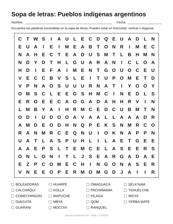 Hoja para imprimir de la sopa de letras de los pueblos originarios de Argentina: cuadrícula de 18 × 18 letras con 19 palabras escondidas, renglones para nombre y fecha y la lista de palabras para tachar.