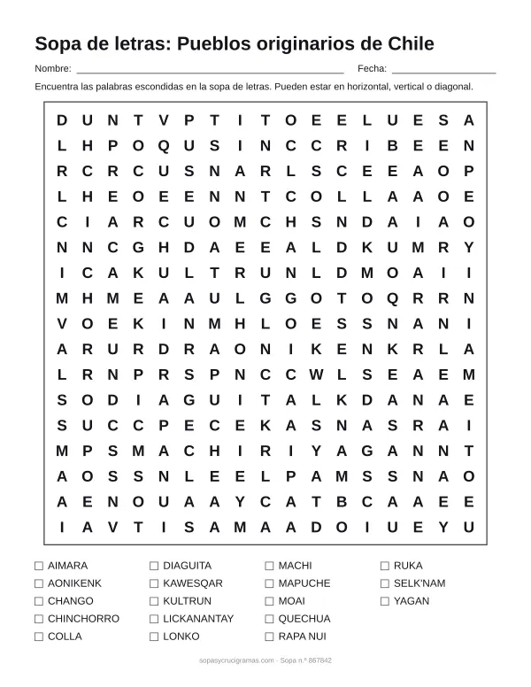 Hoja para imprimir de la sopa de letras de los pueblos originarios de Chile: cuadrícula de 17 × 17 letras con 18 palabras escondidas, renglones para nombre y fecha y la lista de palabras para tachar.