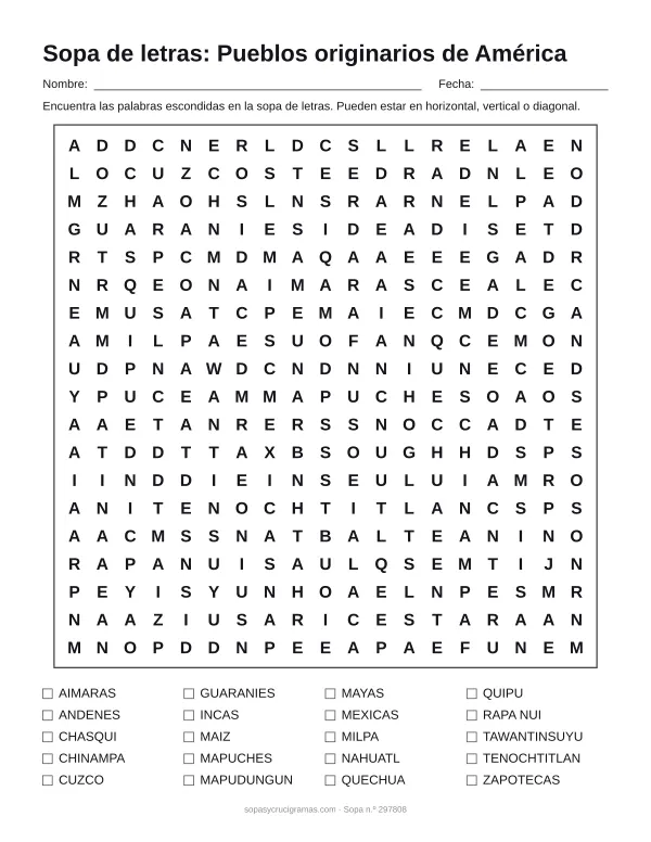 Hoja para imprimir de la sopa de letras de pueblos originarios: cuadrícula de 19 × 19 letras con 20 palabras escondidas, renglones para nombre y fecha y la lista de palabras para tachar.