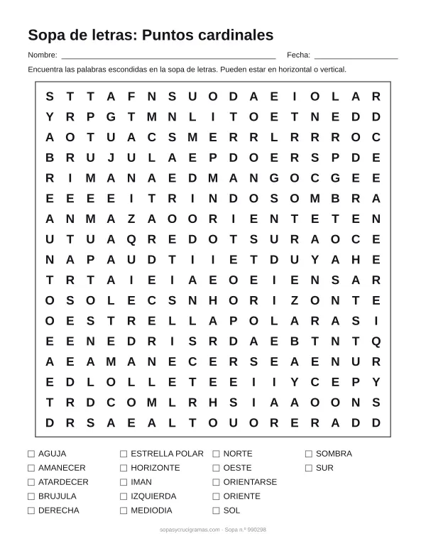 Hoja para imprimir de la sopa de letras de los puntos cardinales: cuadrícula de 17 × 17 letras con 17 palabras escondidas, renglones para nombre y fecha y la lista de palabras para tachar.