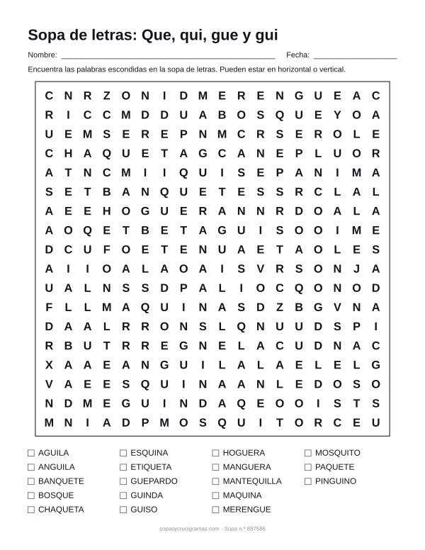 Hoja para imprimir de la sopa de letras de que, qui, gue y gui: cuadrícula de 18 × 18 letras con 18 palabras escondidas, renglones para nombre y fecha y la lista de palabras para tachar.