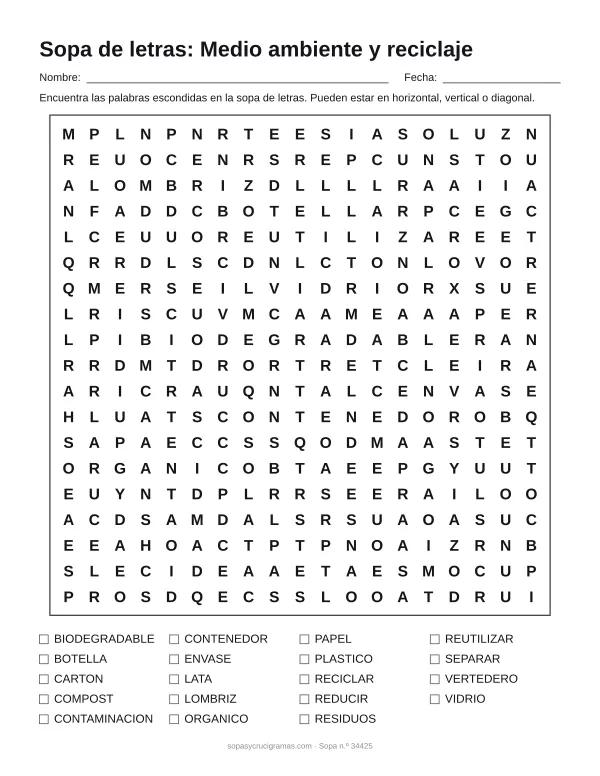 Hoja para imprimir de la sopa de letras de reciclaje y medio ambiente: cuadrícula de 19 × 19 letras con 19 palabras escondidas, renglones para nombre y fecha y la lista de palabras para tachar.