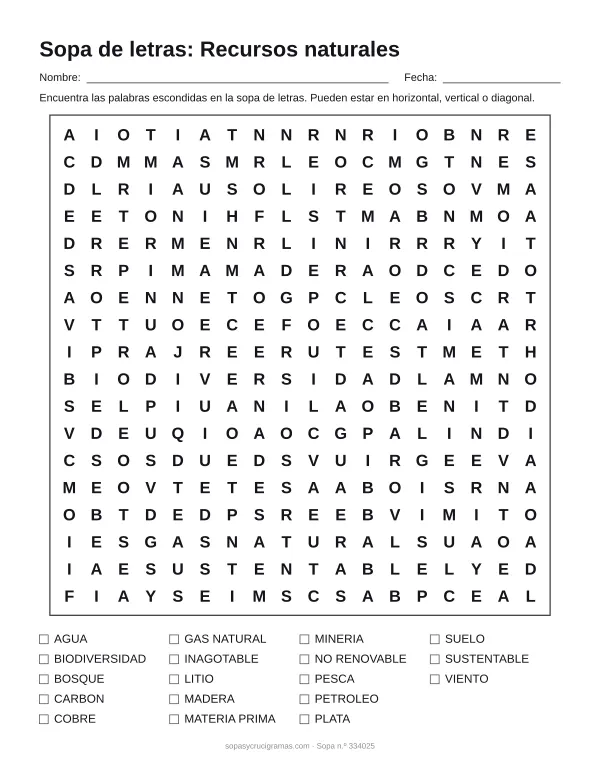 Hoja para imprimir de la sopa de letras de recursos naturales: cuadrícula de 18 × 18 letras con 18 palabras escondidas, renglones para nombre y fecha y la lista de palabras para tachar.