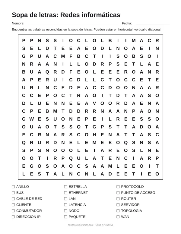 Hoja para imprimir de la sopa de letras de redes informáticas: cuadrícula de 18 × 18 letras con 18 palabras escondidas, renglones para nombre y fecha y la lista de palabras para tachar.