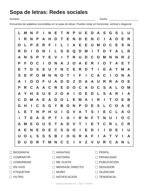 Hoja para imprimir de la sopa de letras de redes sociales: cuadrícula de 19 × 19 letras con 18 palabras escondidas, renglones para nombre y fecha y la lista de palabras para tachar.