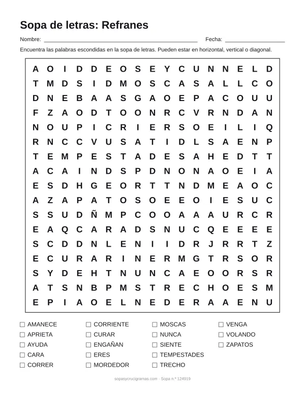 Hoja para imprimir de la sopa de letras de refranes: cuadrícula de 17 × 17 letras con 18 palabras escondidas, renglones para nombre y fecha y la lista de palabras para tachar.