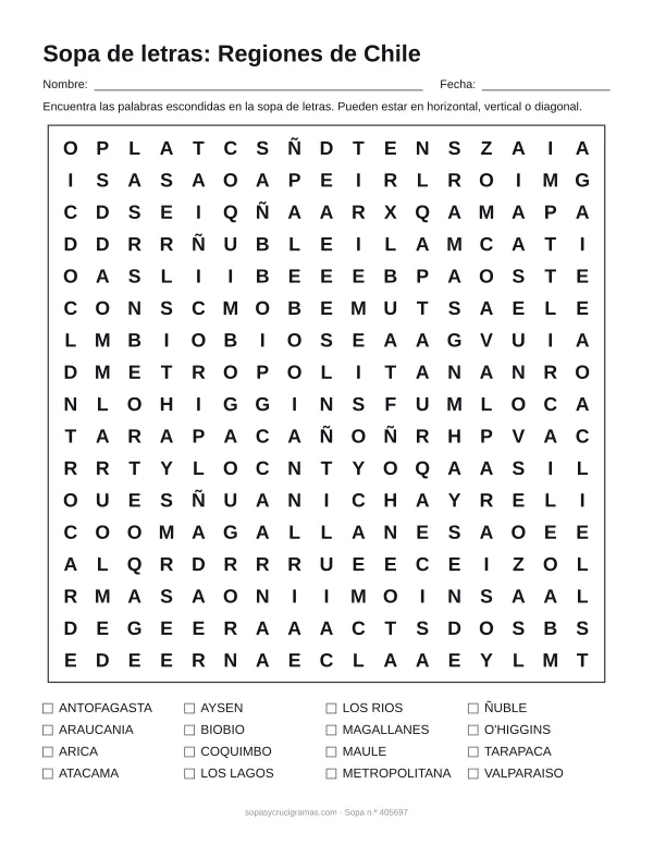 Hoja para imprimir de la sopa de letras de las regiones de Chile: cuadrícula de 17 × 17 letras con 16 palabras escondidas, renglones para nombre y fecha y la lista de palabras para tachar.
