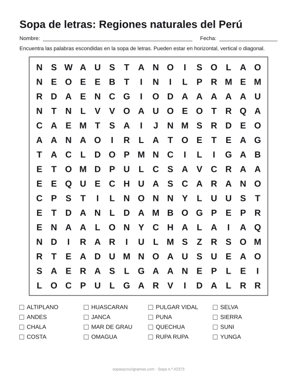 Hoja para imprimir de la sopa de letras de las regiones naturales del Perú: cuadrícula de 16 × 16 letras con 16 palabras escondidas, renglones para nombre y fecha y la lista de palabras para tachar.
