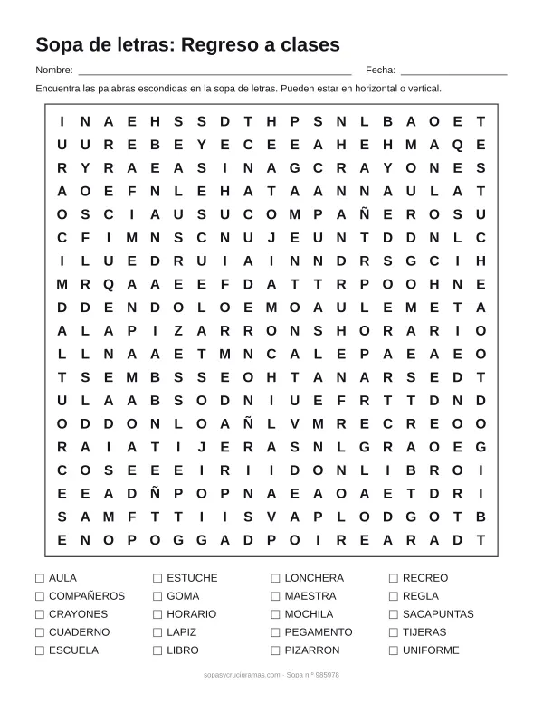 Hoja para imprimir de la sopa de letras de regreso a clases: cuadrícula de 19 × 19 letras con 20 palabras escondidas, renglones para nombre y fecha y la lista de palabras para tachar.