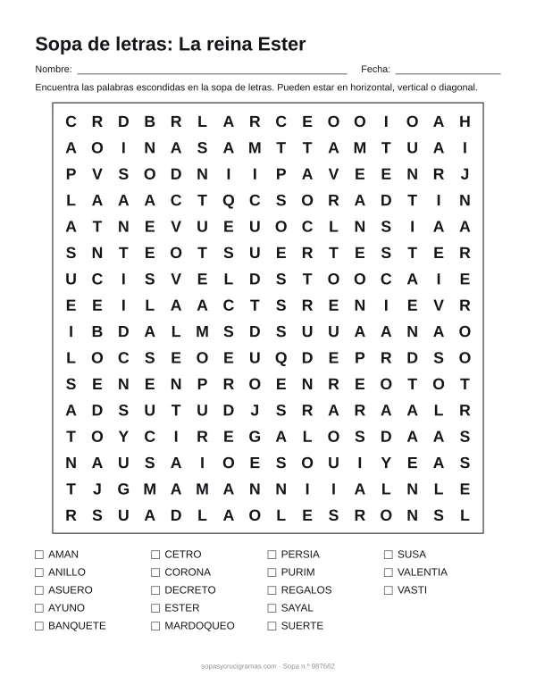 Hoja para imprimir de la sopa de letras de la reina Ester: cuadrícula de 16 × 16 letras con 18 palabras escondidas, renglones para nombre y fecha y la lista de palabras para tachar.