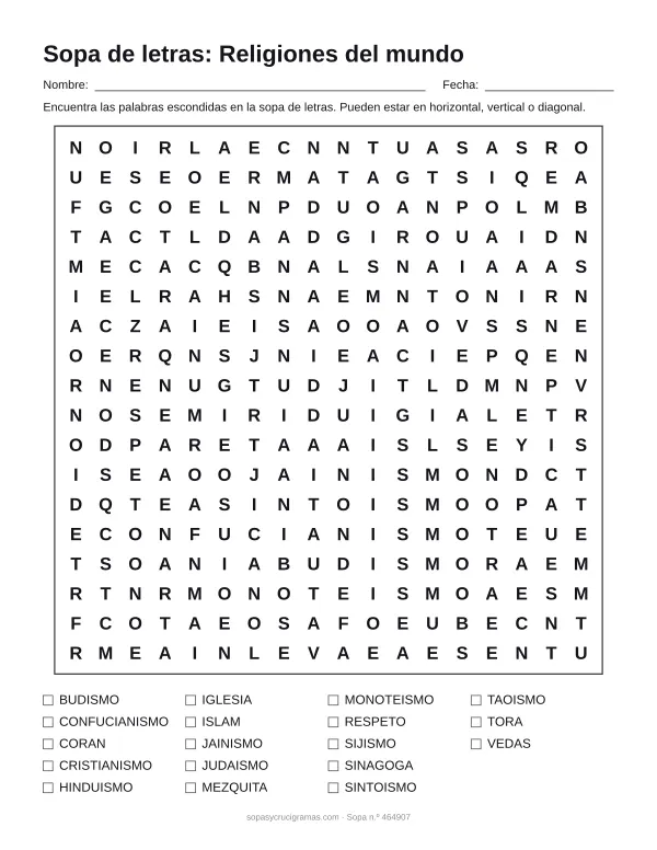 Hoja para imprimir de la sopa de letras de las religiones del mundo: cuadrícula de 18 × 18 letras con 18 palabras escondidas, renglones para nombre y fecha y la lista de palabras para tachar.