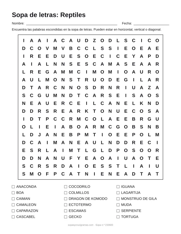 Hoja para imprimir de la sopa de letras de los reptiles: cuadrícula de 18 × 18 letras con 18 palabras escondidas, renglones para nombre y fecha y la lista de palabras para tachar.