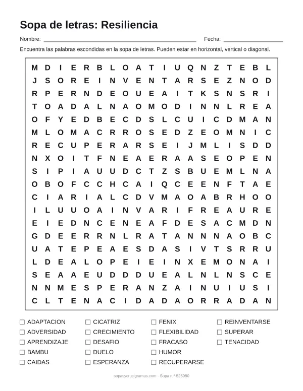 Hoja para imprimir de la sopa de letras de la resiliencia: cuadrícula de 19 × 19 letras con 18 palabras escondidas, renglones para nombre y fecha y la lista de palabras para tachar.