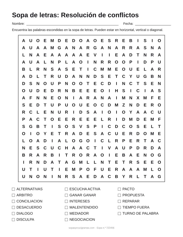 Hoja para imprimir de la sopa de letras de resolución de conflictos: cuadrícula de 20 × 20 letras con 17 palabras escondidas, renglones para nombre y fecha y la lista de palabras para tachar.