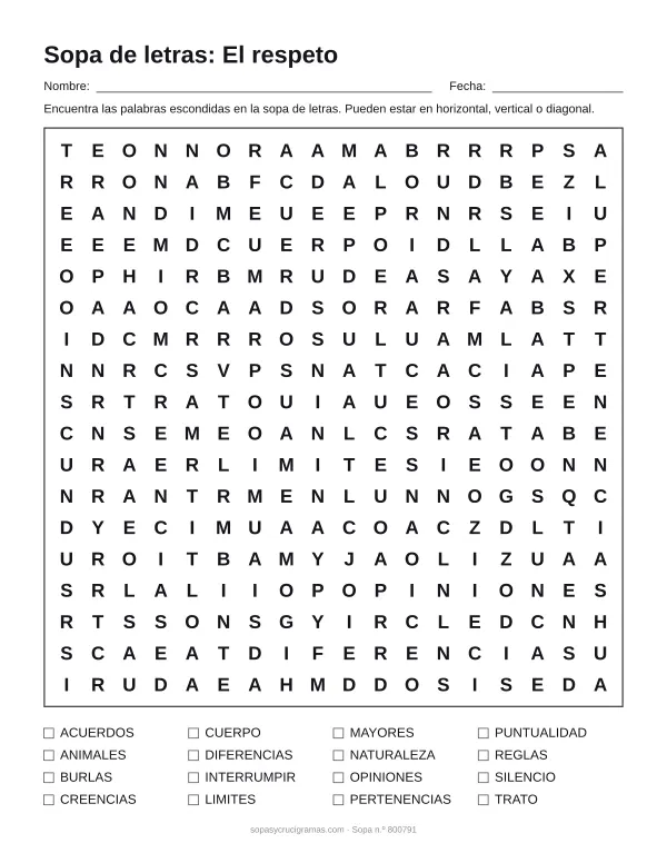 Hoja para imprimir de la sopa de letras del respeto: cuadrícula de 18 × 18 letras con 16 palabras escondidas, renglones para nombre y fecha y la lista de palabras para tachar.