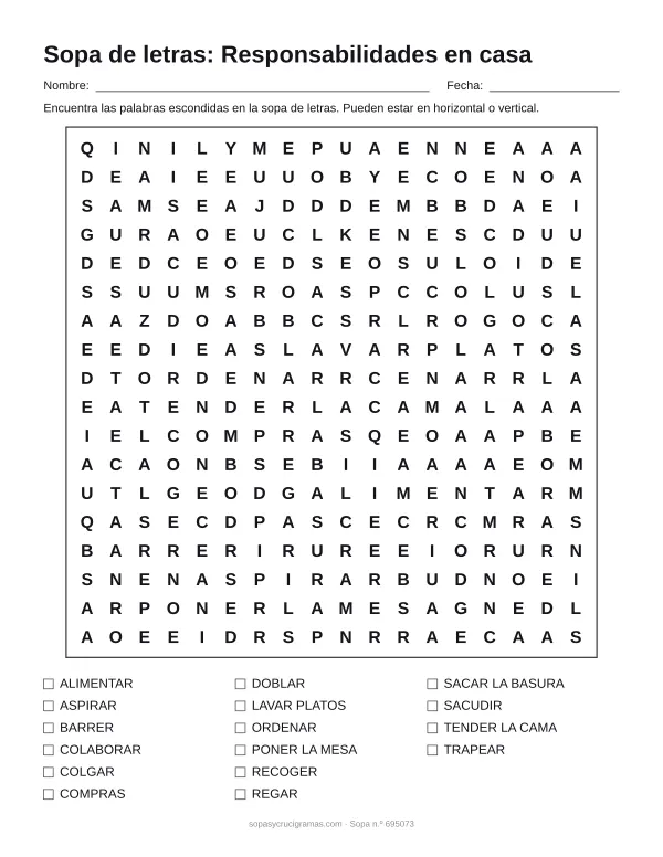 Hoja para imprimir de la sopa de letras de responsabilidades en casa: cuadrícula de 18 × 18 letras con 16 palabras escondidas, renglones para nombre y fecha y la lista de palabras para tachar.