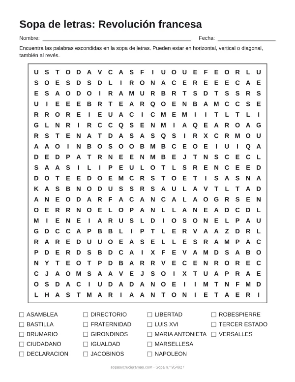 Hoja para imprimir de la sopa de letras de la Revolución francesa: cuadrícula de 22 × 22 letras con 18 palabras escondidas, renglones para nombre y fecha y la lista de palabras para tachar.