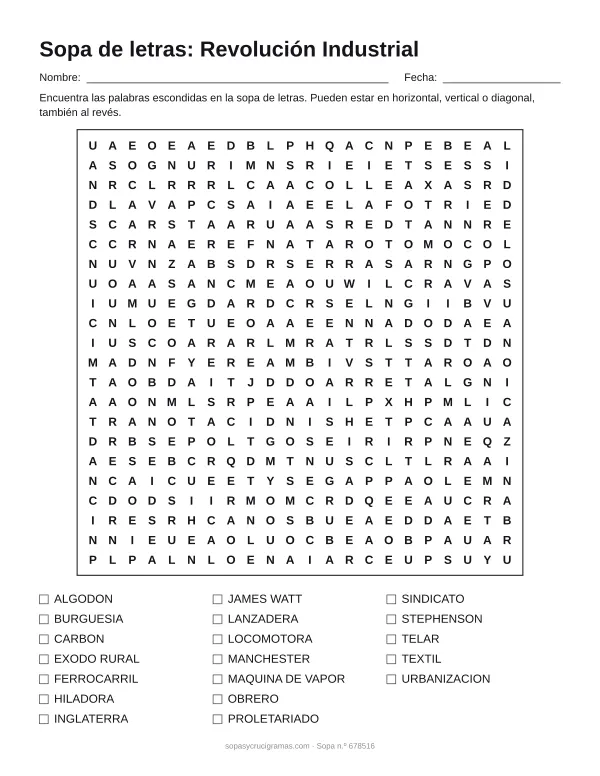 Hoja para imprimir de la sopa de letras de la Revolución Industrial: cuadrícula de 22 × 22 letras con 19 palabras escondidas, renglones para nombre y fecha y la lista de palabras para tachar.
