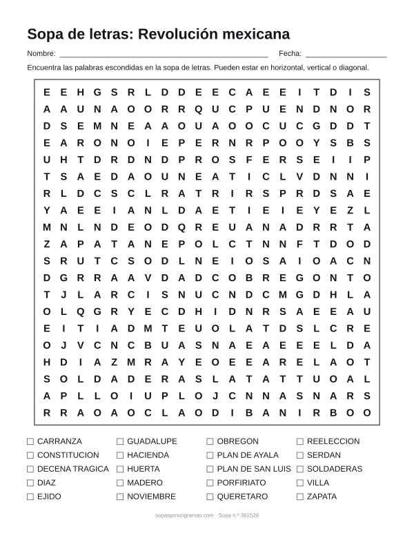 Hoja para imprimir de la sopa de letras de la Revolución mexicana: cuadrícula de 20 × 20 letras con 20 palabras escondidas, renglones para nombre y fecha y la lista de palabras para tachar.