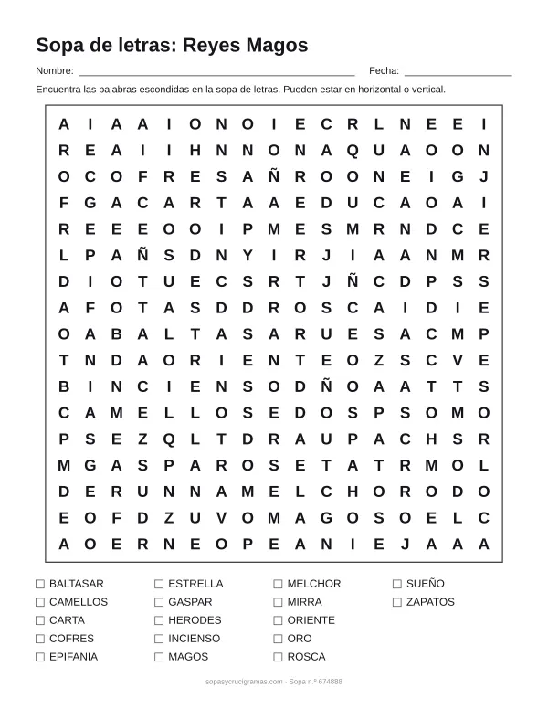 Hoja para imprimir de la sopa de letras de los Reyes Magos: cuadrícula de 17 × 17 letras con 17 palabras escondidas, renglones para nombre y fecha y la lista de palabras para tachar.
