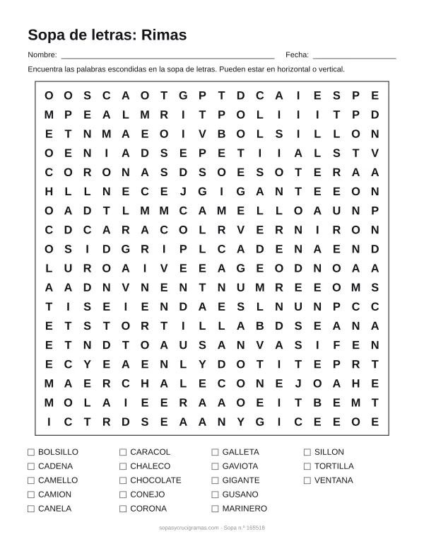 Hoja para imprimir de la sopa de letras de rimas: cuadrícula de 18 × 18 letras con 18 palabras escondidas, renglones para nombre y fecha y la lista de palabras para tachar.