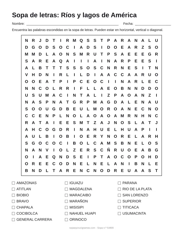 Hoja para imprimir de la sopa de letras de ríos y lagos de América: cuadrícula de 20 × 20 letras con 20 palabras escondidas, renglones para nombre y fecha y la lista de palabras para tachar.