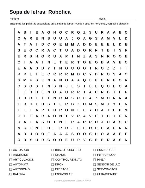 Hoja para imprimir de la sopa de letras de robótica: cuadrícula de 19 × 19 letras con 18 palabras escondidas, renglones para nombre y fecha y la lista de palabras para tachar.