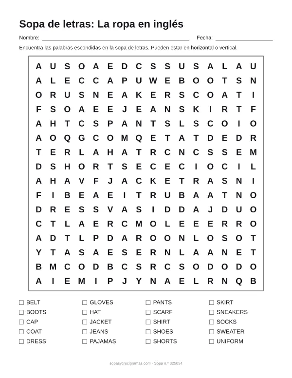 Hoja para imprimir de la sopa de letras de la ropa en inglés: cuadrícula de 16 × 16 letras con 20 palabras escondidas, renglones para nombre y fecha y la lista de palabras para tachar.