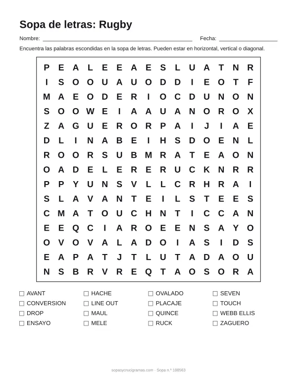 Hoja para imprimir de la sopa de letras de rugby: cuadrícula de 15 × 15 letras con 16 palabras escondidas, renglones para nombre y fecha y la lista de palabras para tachar.