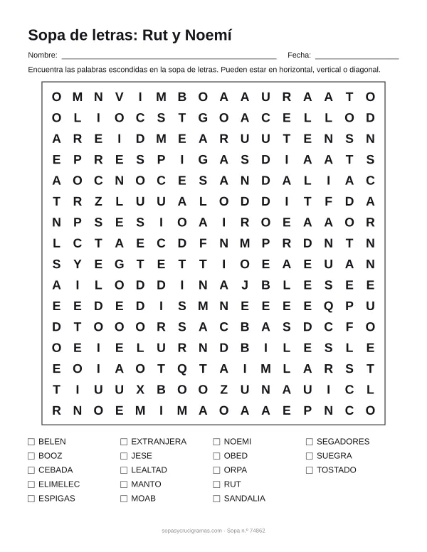 Hoja para imprimir de la sopa de letras del libro de Rut: cuadrícula de 16 × 16 letras con 18 palabras escondidas, renglones para nombre y fecha y la lista de palabras para tachar.