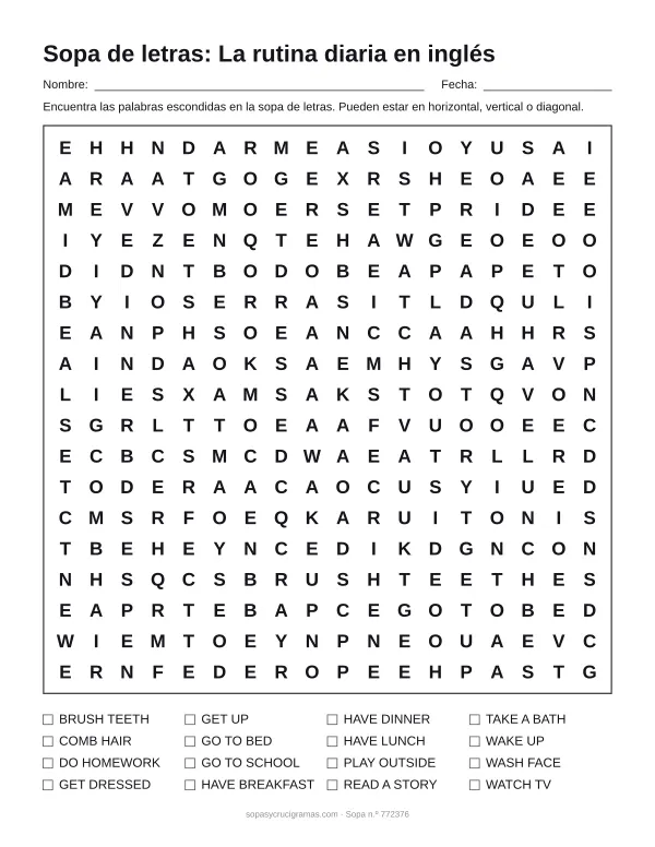 Hoja para imprimir de la sopa de letras de la rutina en inglés: cuadrícula de 18 × 18 letras con 16 palabras escondidas, renglones para nombre y fecha y la lista de palabras para tachar.