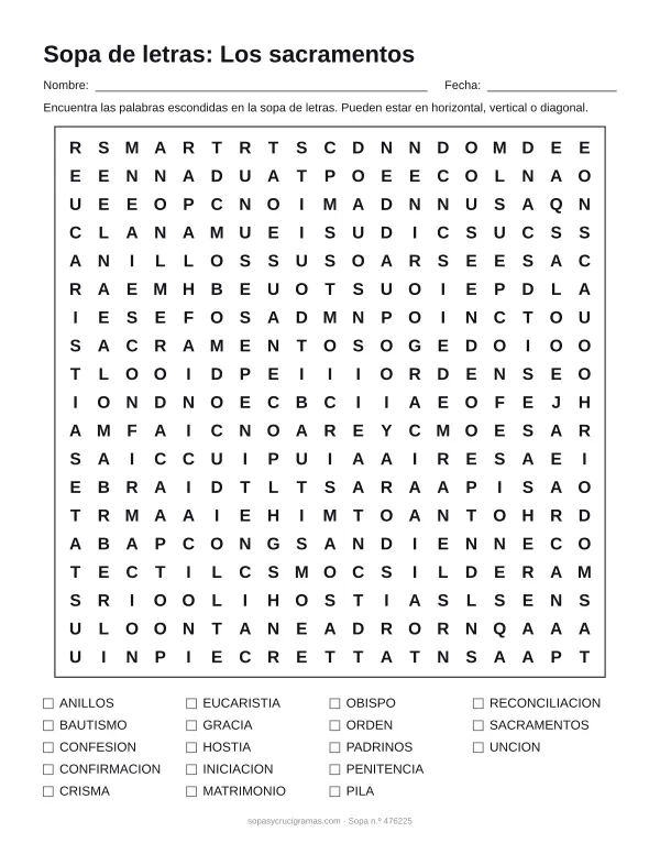 Hoja para imprimir de la sopa de letras de los siete sacramentos: cuadrícula de 19 × 19 letras con 18 palabras escondidas, renglones para nombre y fecha y la lista de palabras para tachar.