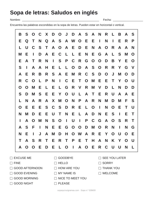 Hoja para imprimir de la sopa de letras de saludos en inglés: cuadrícula de 18 × 18 letras con 16 palabras escondidas, renglones para nombre y fecha y la lista de palabras para tachar.
