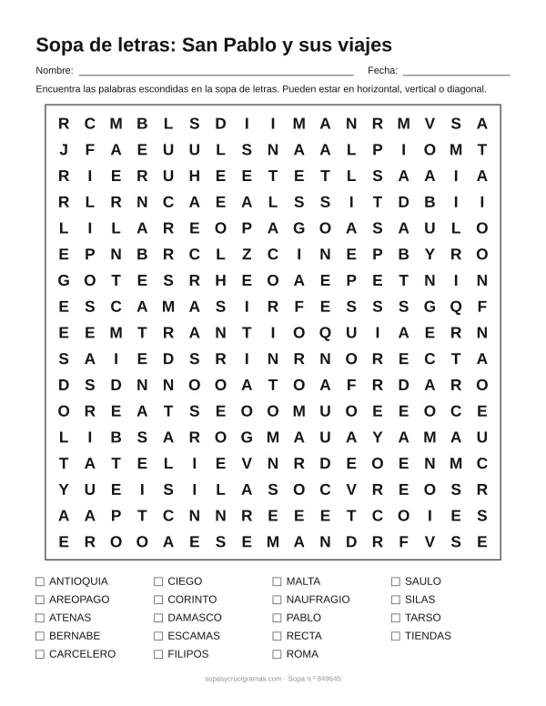 Hoja para imprimir de la sopa de letras de san Pablo y sus viajes: cuadrícula de 17 × 17 letras con 19 palabras escondidas, renglones para nombre y fecha y la lista de palabras para tachar.
