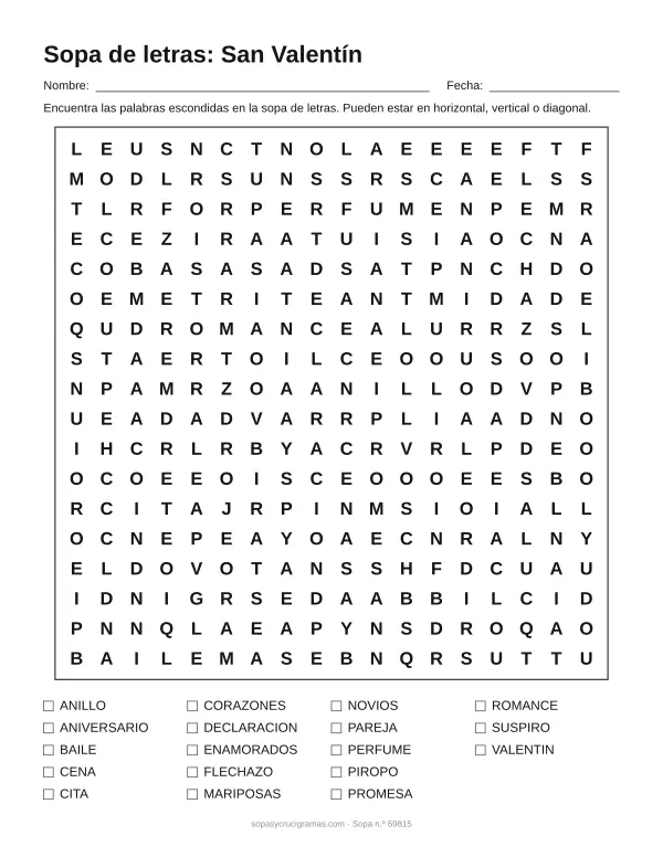 Hoja para imprimir de la sopa de letras de San Valentín: cuadrícula de 18 × 18 letras con 18 palabras escondidas, renglones para nombre y fecha y la lista de palabras para tachar.