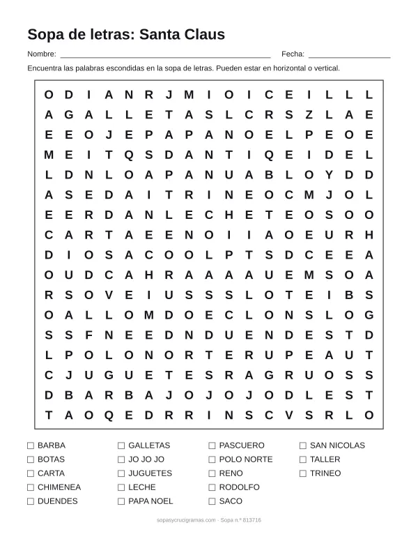 Hoja para imprimir de la sopa de letras de Santa Claus: cuadrícula de 17 × 17 letras con 18 palabras escondidas, renglones para nombre y fecha y la lista de palabras para tachar.