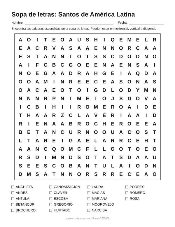 Hoja para imprimir de la sopa de letras de santos de América Latina: cuadrícula de 17 × 17 letras con 18 palabras escondidas, renglones para nombre y fecha y la lista de palabras para tachar.