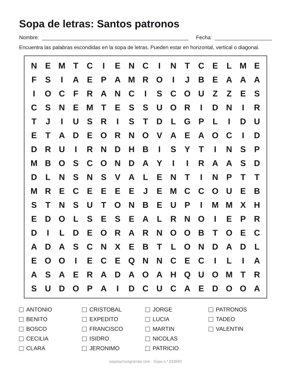 Hoja para imprimir de la sopa de letras de santos patronos: cuadrícula de 17 × 17 letras con 18 palabras escondidas, renglones para nombre y fecha y la lista de palabras para tachar.