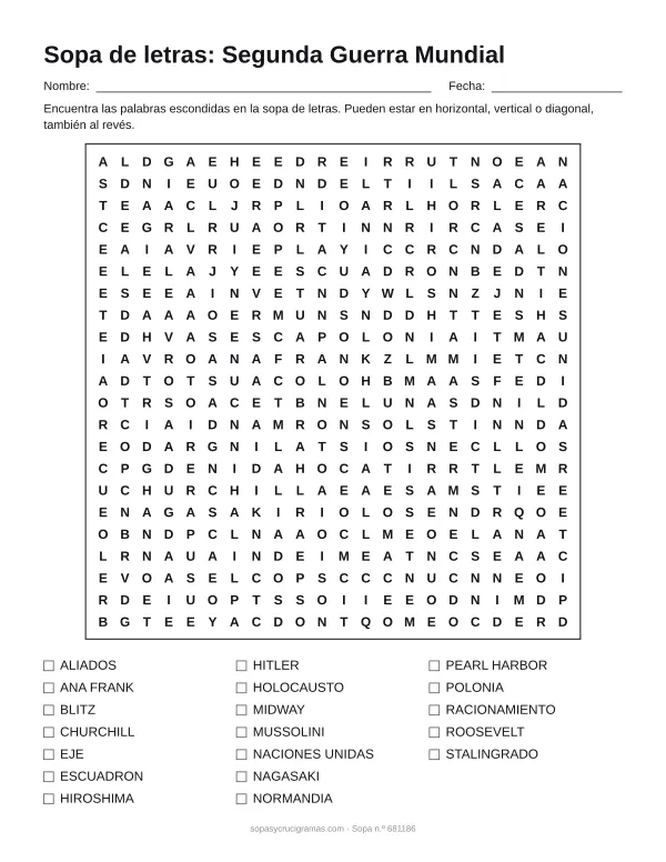 Hoja para imprimir de la sopa de letras de la Segunda Guerra Mundial: cuadrícula de 22 × 22 letras con 19 palabras escondidas, renglones para nombre y fecha y la lista de palabras para tachar.