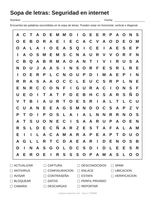 Hoja para imprimir de la sopa de letras de seguridad en internet: cuadrícula de 19 × 19 letras con 18 palabras escondidas, renglones para nombre y fecha y la lista de palabras para tachar.