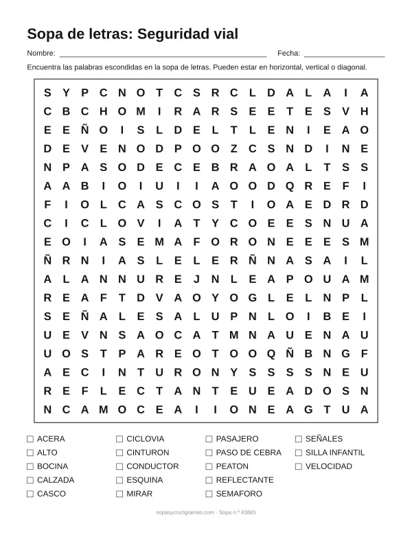 Hoja para imprimir de la sopa de letras de seguridad vial: cuadrícula de 18 × 18 letras con 18 palabras escondidas, renglones para nombre y fecha y la lista de palabras para tachar.