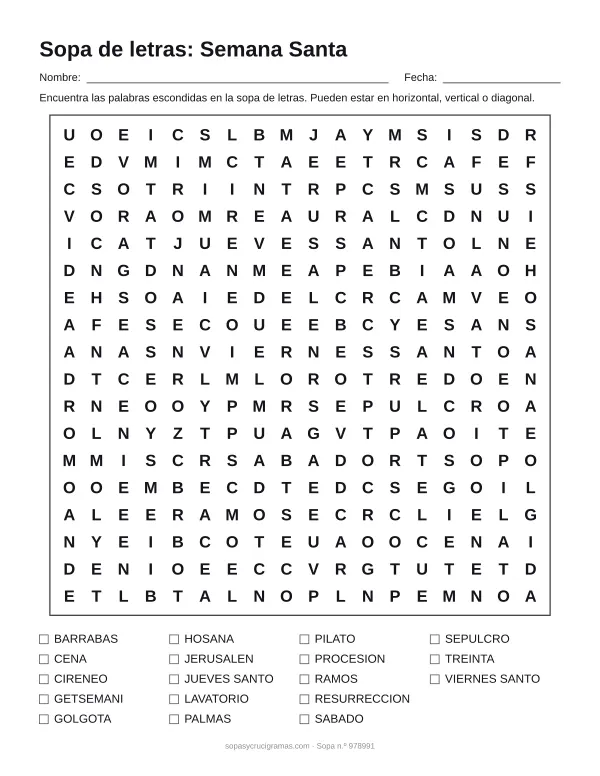 Hoja para imprimir de la sopa de letras de Semana Santa: cuadrícula de 18 × 18 letras con 18 palabras escondidas, renglones para nombre y fecha y la lista de palabras para tachar.