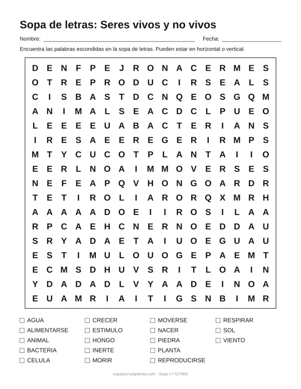 Hoja para imprimir de la sopa de letras de los seres vivos: cuadrícula de 17 × 17 letras con 18 palabras escondidas, renglones para nombre y fecha y la lista de palabras para tachar.