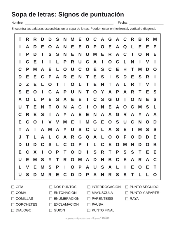 Hoja para imprimir de la sopa de letras de los signos de puntuación: cuadrícula de 19 × 19 letras con 18 palabras escondidas, renglones para nombre y fecha y la lista de palabras para tachar.