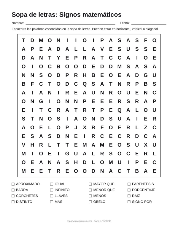 Hoja para imprimir de la sopa de letras de signos matemáticos: cuadrícula de 16 × 16 letras con 16 palabras escondidas, renglones para nombre y fecha y la lista de palabras para tachar.