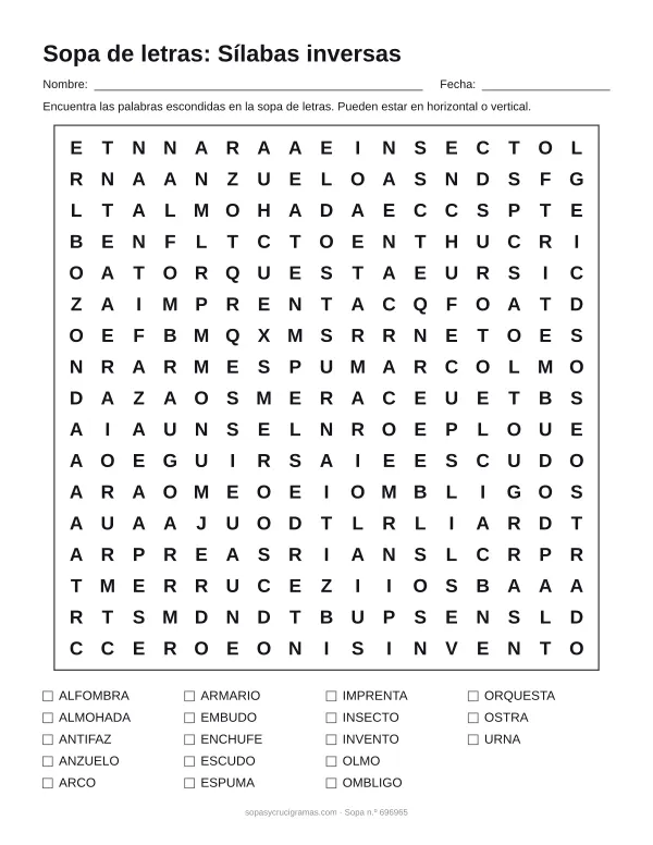 Hoja para imprimir de la sopa de letras de sílabas inversas: cuadrícula de 17 × 17 letras con 18 palabras escondidas, renglones para nombre y fecha y la lista de palabras para tachar.