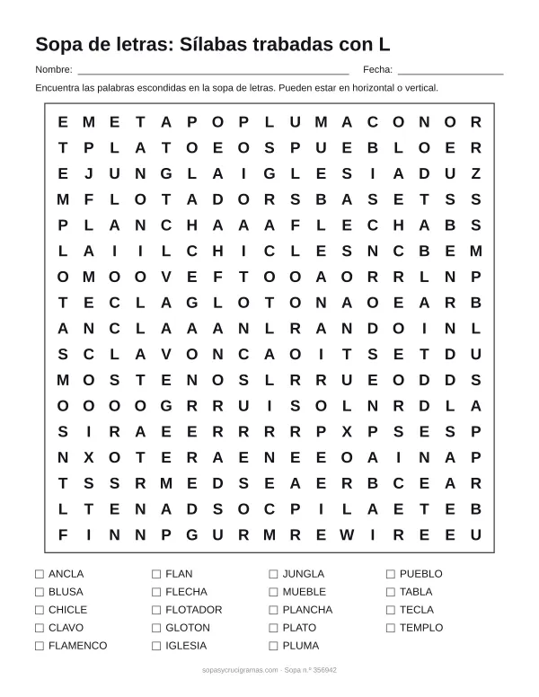 Hoja para imprimir de la sopa de letras de sílabas trabadas con L: cuadrícula de 17 × 17 letras con 19 palabras escondidas, renglones para nombre y fecha y la lista de palabras para tachar.