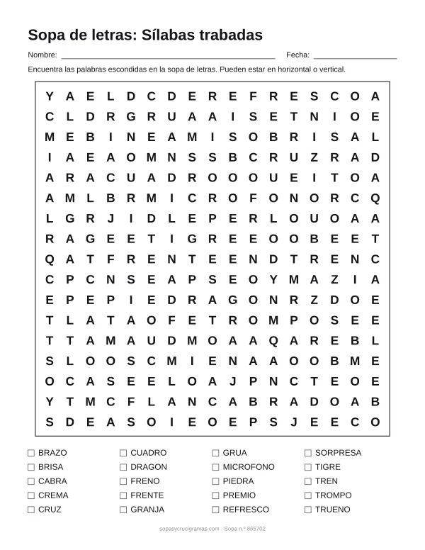 Hoja para imprimir de la sopa de letras de sílabas trabadas: cuadrícula de 17 × 17 letras con 20 palabras escondidas, renglones para nombre y fecha y la lista de palabras para tachar.