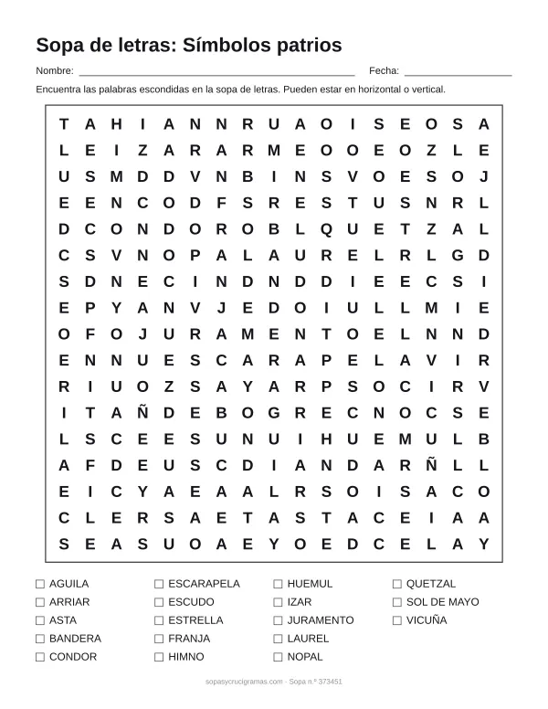 Hoja para imprimir de la sopa de letras de los símbolos patrios: cuadrícula de 17 × 17 letras con 18 palabras escondidas, renglones para nombre y fecha y la lista de palabras para tachar.