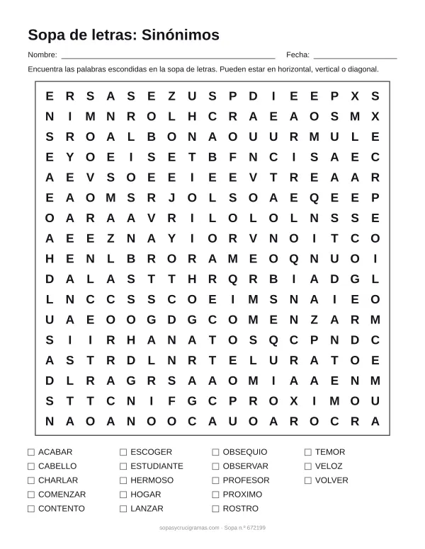 Hoja para imprimir de la sopa de letras de sinónimos: cuadrícula de 17 × 17 letras con 18 palabras escondidas, renglones para nombre y fecha y la lista de palabras para tachar.